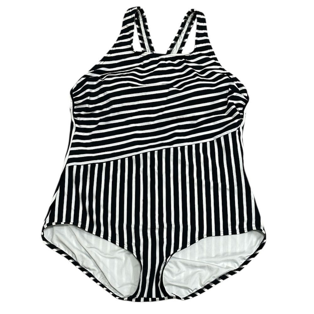 Lands End Full Coverage Striped High Neck Tugless Swimsuit NEW Size XL